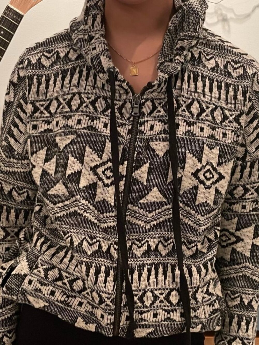 American Eagle Outfitters Women's Black and White Hooded Jacket